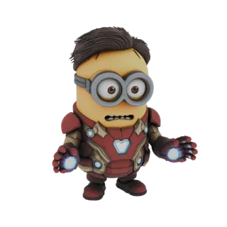 3D model of a Minion character wearing a detailed Iron Man suit, with glowing repulsor effects on its hands and chest.