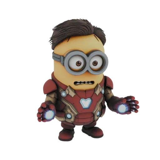 3D model of a Minion character wearing a detailed Iron Man suit, with glowing repulsor effects on its hands and chest.