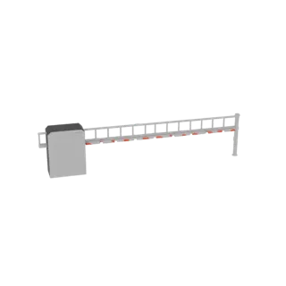 3D-Modell einer automatischen Schranke mit silbernem Ausleger und roten Reflektoren, montiert auf einer grauen Steuereinheit.