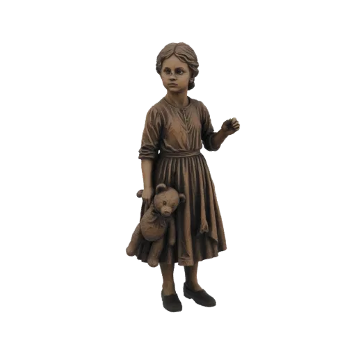 3D model of a bronze statue of a young girl holding a teddy bear, with detailed dress and hair.