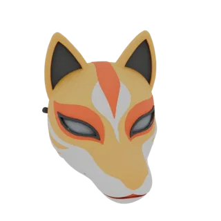 3D Kitsune mask model in Japanese style, with orange, white, and black patterns, on a white background.
