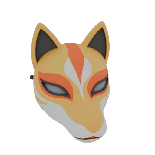 3D Kitsune mask model in Japanese style, with orange, white, and black patterns, on a white background.
