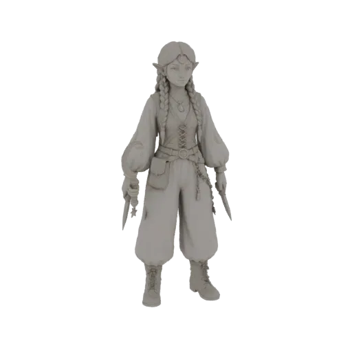 3D-Modell einer weiblichen Elf Rogue mit geflochtenem Haar, zwei Dolchen und Abenteurerkleidung.