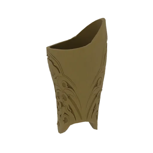 A 3D render of a single ornate greave with intricate swirling patterns, presented against a black background.
