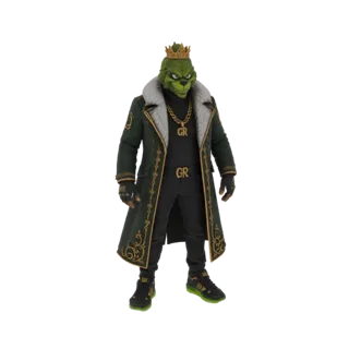 Modelo 3D del Grinch con corona dorada, abrigo verde con ribetes dorados y cadena dorada, de pie sobre fondo blanco.