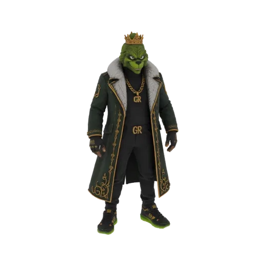 Modelo 3D del Grinch con corona dorada, abrigo verde con ribetes dorados y cadena dorada, de pie sobre fondo blanco.