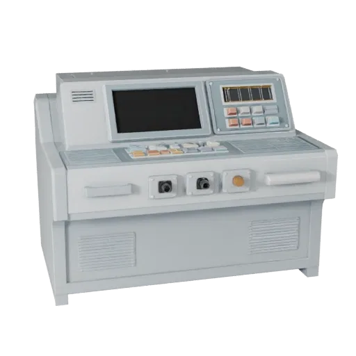 Prototype Lab Console Low Poly 3D model, game viewport three-quarter view, showing clean metal, bench-top devices.
