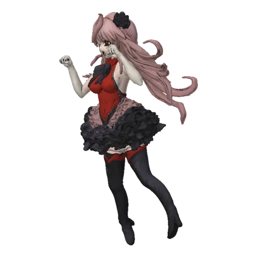 3D model of an anime idol with pink hair, wearing a red and black performance outfit, striking a playful pose.