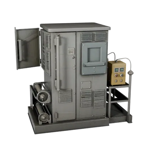 Automated Control Cabinet Stylized 3D model, stylized isometric render, showing painted steel, machine stations.