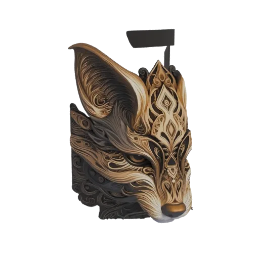 A detailed 3D model of an ornate fox mask with intricate golden and dark brown patterns, featuring sharp eyes and a regal headdress.