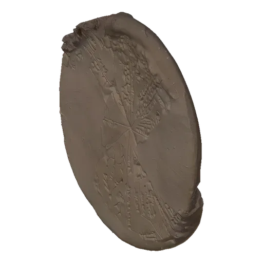 A 3D model of a circular fragment of an ancient clay tablet inscribed with cuneiform script.