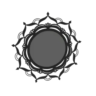 Modelo 3D de uma moldura de espelho ornamentada estilo mandala preta com padrões intrincados e uma abertura circular central,