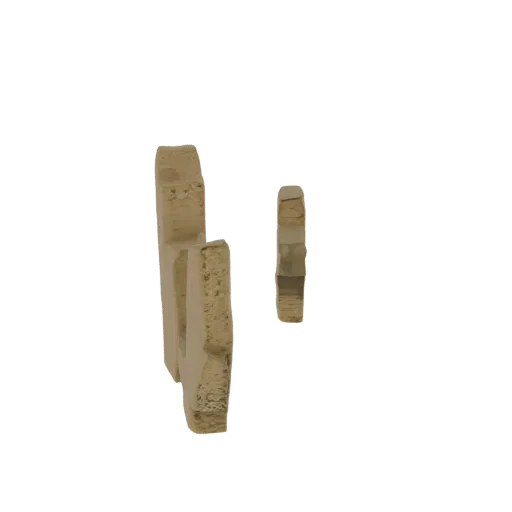 A 3D render of two broken stone tablet fragments, appearing ancient and weathered, set against a black background.
