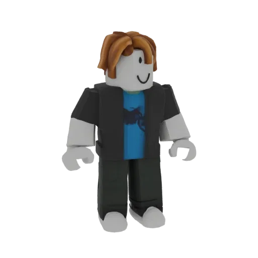 A 3D render of the classic Roblox 'Bacon Hair' character, standing with a neutral pose, featuring spiky brown hair, a white f