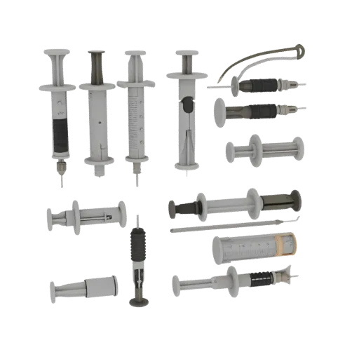 Emergency Syringe Model High Poly 3D model, close-up studio render, showing stainless steel, handheld tool scale.