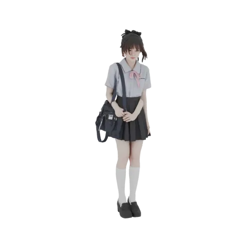 3D model of a young anime school girl in a uniform with a backpack, standing and looking forward.