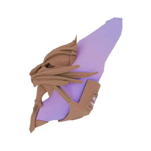 3D model of a fantasy sword with an ornate brown hilt and a translucent purple blade, set against a white background.