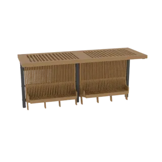 Modello 3D di una pensilina moderna con pareti in legno listellare, tetto listellare e panchine integrate in legno, supportat