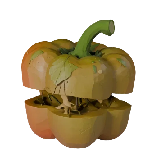 Chopped Bell Pepper Stylized 3D model, stylized isometric render, showing leaf veins, clear vegetable silhouettes.