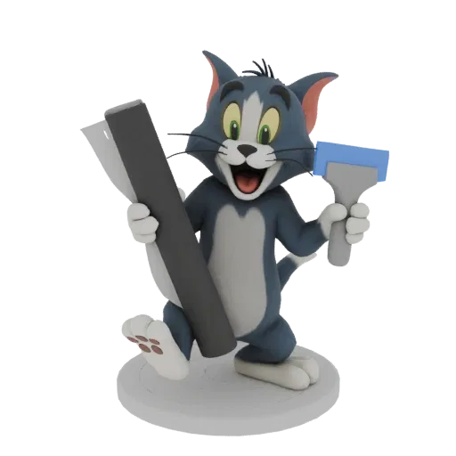 3D model of Tom the cat from Tom and Jerry, smiling and holding a large tube and a squeegee, standing on a circular base.