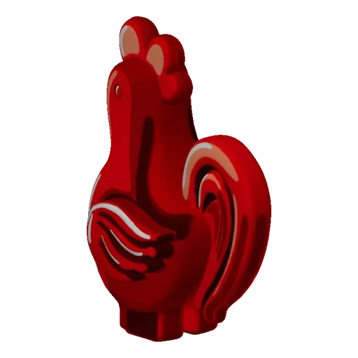 3D model of a red rooster-shaped lollipop with a glossy finish, hanging from a thin gray bar.