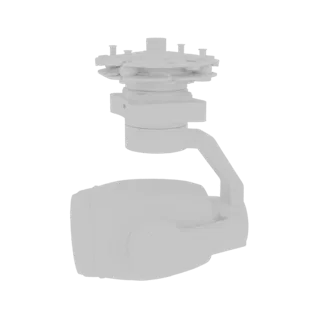 3D model render of a white gimbal camera with a black background