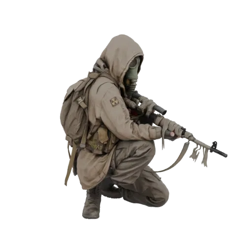 3D model of a post-apocalyptic soldier in a crouched pose, wearing a gas mask and holding a rifle, with a backpack and tactic