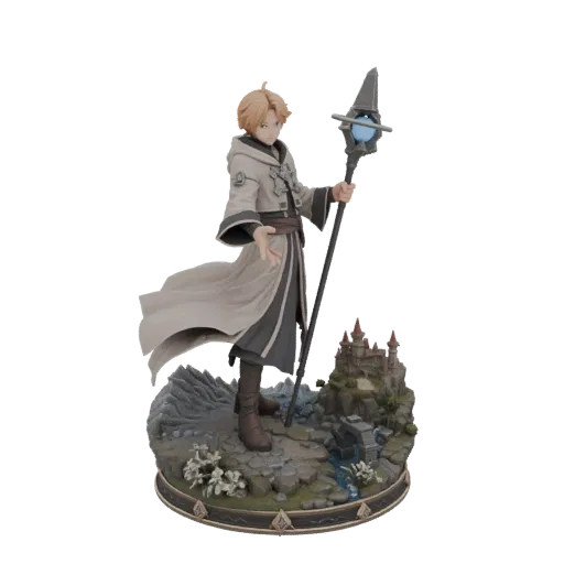 Modèle 3D d'un mage fantastique avec un bâton, sur une base diorama avec un château et un terrain rocheux.