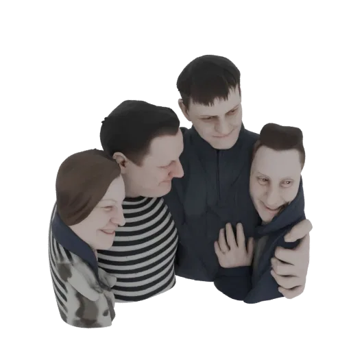 A 3D model depicting a family of four in a warm embrace, with realistic features and expressions.
