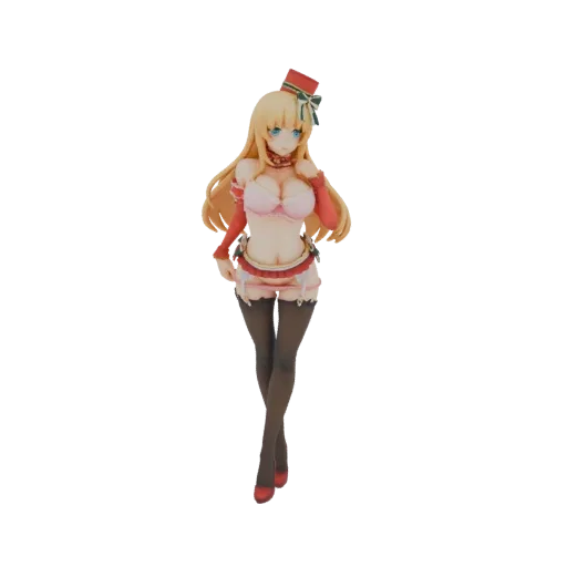 3D model of a blonde anime girl in festive red and pink lingerie, wearing a hat and stockings, with a playful pose.