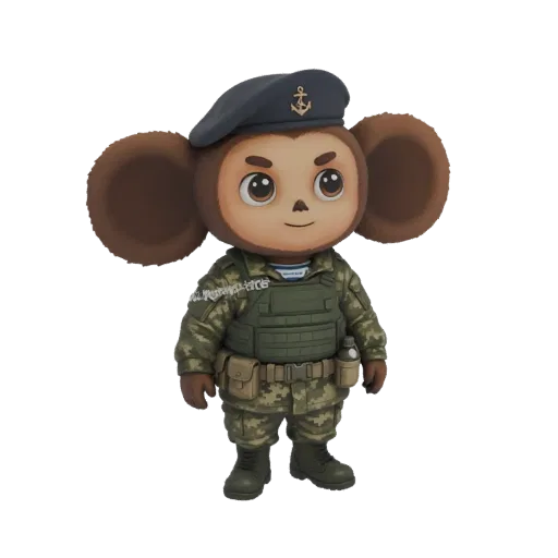 3D model of Cheburashka character dressed in a detailed military uniform, wearing a beret and tactical vest, with large ears