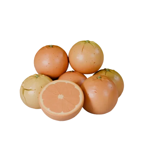 Sliced Orange Printable 3D model, isometric STL render, showing skin pores, recognizable fruit forms.