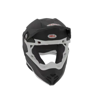 Modelo 3D de um capacete Bell Moto-9 Flex preto e branco, visto de frente.