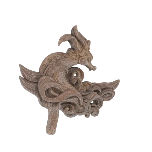 3D model of a dragon head with swirling cloud patterns, rendered in a stone-like texture.