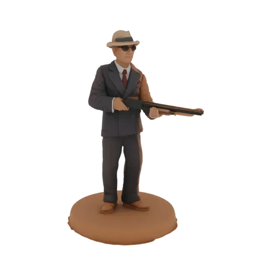 3D model of a gangster figure wearing a fedora and suit, holding a shotgun, standing on a circular base.
