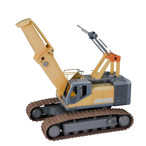 Modèle 3D de grue sur chenilles de dessin animé, vue studio trois-quarts, atout de véhicule stylisé avec géométrie de bras mé