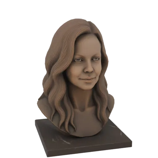 3D model of a bronze bust of a young woman with wavy hair, looking to the side, on a marble-effect base.