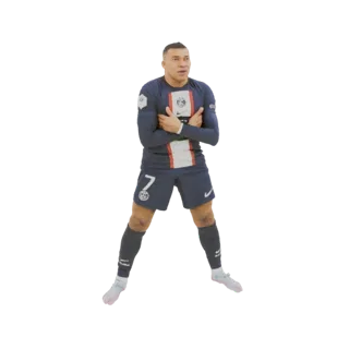 Modelo 3D de Kylian Mbappé em pose de comemoração, vestindo seu uniforme do PSG com os braços cruzados.