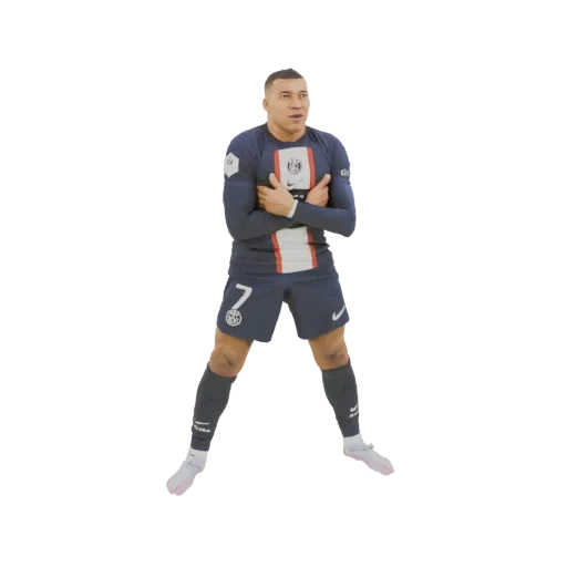 3D-Modell von Kylian Mbappé in Jubelpose, trägt sein PSG-Trikot mit verschränkten Armen.