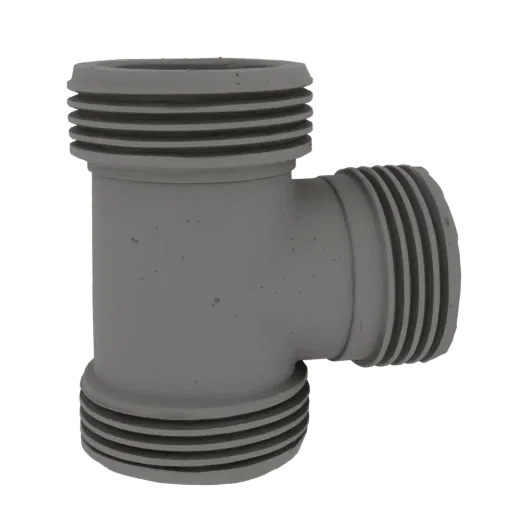 3D model of a grey tubular tee connector with external threads on all three ends