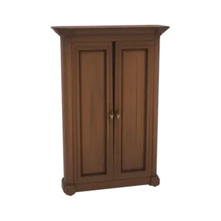 A 3D model of a classic wooden wardrobe with two paneled doors and ornate handles, presented against a black background.