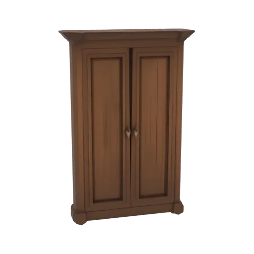 A 3D model of a classic wooden wardrobe with two paneled doors and ornate handles, presented against a black background.