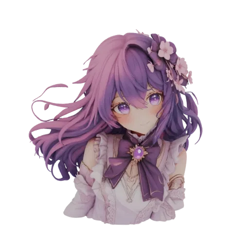 3D model of an anime girl with flowing purple hair, adorned with pink flowers, wearing a ruffled dress and a purple bow.