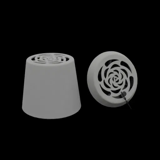 3D model of two tapered vent caps, one showing the top with circular vents, the other showing the side with a decorative swir