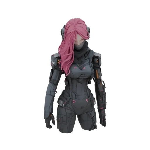 3D model of a cyberpunk female warrior with long pink hair and dark, detailed sci-fi armor, posed against a black background.
