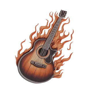 3D model of an acoustic guitar with realistic flames erupting around it, set against a white background.