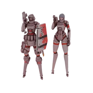 A 3D render of two sci-fi soldiers standing side-by-side, one holding a pistol and shield, the other holding a pistol.
