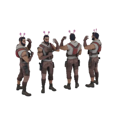 Modelo 3D de um personagem aventureiro masculino usando uma tiara de estrela rosa, mostrado em múltiplas poses contra um fund