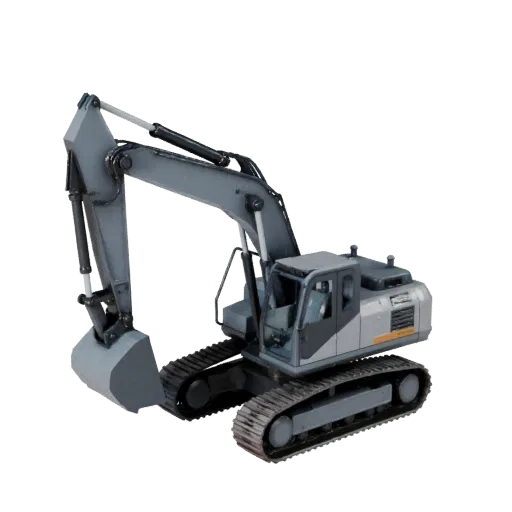 Roadwork Excavator Low Poly 3D model, game viewport three-quarter view, showing painted steel, form detail.