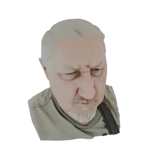 3D-Modell-Rendering einer Büste eines älteren Mannes mit weißen Haaren und Bart, T-Shirt tragend, nach unten blickend.